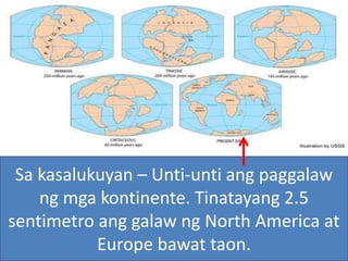 Sa kasalukuyan – Unti-unti ang paggalaw
ng mga kontinente. Tinatayang 2.5
sentimetro ang galaw ng North America at
Europe bawat taon.
 