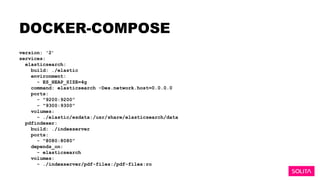 DOCKER-COMPOSE
version: '2’
services:
elasticsearch:
build: ./elastic
environment:
- ES_HEAP_SIZE=4g
command: elasticsearch -Des.network.host=0.0.0.0
ports:
- "9200:9200”
- "9300:9300”
volumes:
- ./elastic/esdata:/usr/share/elasticsearch/data
pdfindexer:
build: ./indexserver
ports:
- "8080:8080”
depends_on:
- elasticsearch
volumes:
- ./indexserver/pdf-files:/pdf-files:ro
 