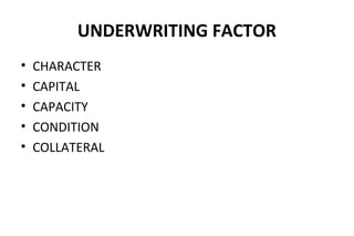 UNDERWRITING FACTOR
• CHARACTER
• CAPITAL
• CAPACITY
• CONDITION
• COLLATERAL
 