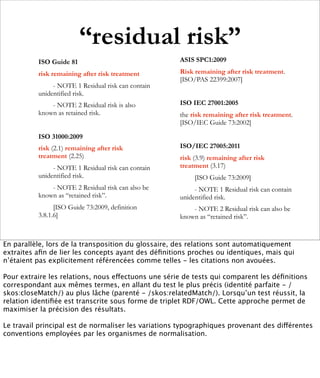 “residual risk”
          ISO Guide 81                               ASIS SPC1:2009

          risk remaining after risk treatment        Risk remaining after risk treatment.
                                                     [ISO/PAS 22399:2007]
               - NOTE 1 Residual risk can contain
          unidentified risk.
              - NOTE 2 Residual risk is also         ISO IEC 27001:2005
          known as retained risk.                    the risk remaining after risk treatment.
                                                     [ISO/IEC Guide 73:2002]

          ISO 31000:2009
          risk (2.1) remaining after risk            ISO/IEC 27005:2011
          treatment (2.25)                           risk (3.9) remaining after risk
               - NOTE 1 Residual risk can contain    treatment (3.17)
          unidentified risk.                              [ISO Guide 73:2009]
              - NOTE 2 Residual risk can also be          - NOTE 1 Residual risk can contain
          known as “retained risk”.                  unidentified risk.
                [ISO Guide 73:2009, definition           - NOTE 2 Residual risk can also be
          3.8.1.6]                                   known as “retained risk”.


En parallèle, lors de la transposition du glossaire, des relations sont automatiquement
extraites aﬁn de lier les concepts ayant des déﬁnitions proches ou identiques, mais qui
n’étaient pas explicitement référencées comme telles - les citations non avouées.

Pour extraire les relations, nous effectuons une série de tests qui comparent les déﬁnitions
correspondant aux mêmes termes, en allant du test le plus précis (identité parfaite - /
skos:closeMatch/) au plus lâche (parenté - /skos:relatedMatch/). Lorsqu’un test réussit, la
relation identiﬁée est transcrite sous forme de triplet RDF/OWL. Cette approche permet de
maximiser la précision des résultats.

Le travail principal est de normaliser les variations typographiques provenant des différentes
conventions employées par les organismes de normalisation.
 
