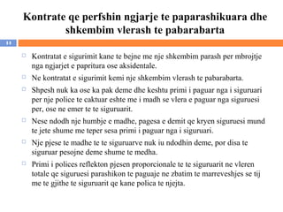 Kontrate qe perfshin ngjarje te paparashikuara dhe
             shkembim vlerash te pabarabarta
14

        Kontratat e sigurimit kane te bejne me nje shkembim parash per mbrojtje
         nga ngjarjet e papritura ose aksidentale.
        Ne kontratat e sigurimit kemi nje shkembim vlerash te pabarabarta.
        Shpesh nuk ka ose ka pak deme dhe keshtu primi i paguar nga i siguruari
         per nje police te caktuar eshte me i madh se vlera e paguar nga siguruesi
         per, ose ne emer te te siguruarit.
        Nese ndodh nje humbje e madhe, pagesa e demit qe kryen siguruesi mund
         te jete shume me teper sesa primi i paguar nga i siguruari.
        Nje pjese te madhe te te siguruarve nuk iu ndodhin deme, por disa te
         siguruar pesojne deme shume te medha.
        Primi i polices reflekton pjesen proporcionale te te siguruarit ne vleren
         totale qe siguruesi parashikon te paguaje ne zbatim te marreveshjes se tij
         me te gjithe te siguruarit qe kane polica te njejta.
 