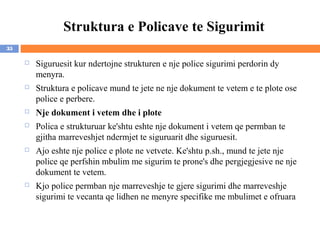 Struktura e Policave te Sigurimit
35

        Siguruesit kur ndertojne strukturen e nje police sigurimi perdorin dy
         menyra.
        Struktura e policave mund te jete ne nje dokument te vetem e te plote ose
         police e perbere.
        Nje dokument i vetem dhe i plote
        Polica e strukturuar ke'shtu eshte nje dokument i vetem qe permban te
         gjitha marreveshjet ndermjet te siguruarit dhe siguruesit.
        Ajo eshte nje police e plote ne vetvete. Ke'shtu p.sh., mund te jete nje
         police qe perfshin mbulim me sigurim te prone's dhe pergjegjesive ne nje
         dokument te vetem.
        Kjo police permban nje marreveshje te gjere sigurimi dhe marreveshje
         sigurimi te vecanta qe lidhen ne menyre specifike me mbulimet e ofruara
 