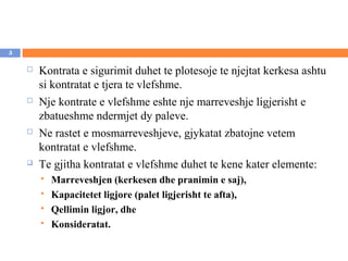 5

       Kontrata e sigurimit duhet te plotesoje te njejtat kerkesa ashtu
        si kontratat e tjera te vlefshme.
       Nje kontrate e vlefshme eshte nje marreveshje ligjerisht e
        zbatueshme ndermjet dy paleve.
       Ne rastet e mosmarreveshjeve, gjykatat zbatojne vetem
        kontratat e vlefshme.
       Te gjitha kontratat e vlefshme duhet te kene kater elemente:
           Marreveshjen (kerkesen dhe pranimin e saj),
           Kapacitetet ligjore (palet ligjerisht te afta),
           Qellimin ligjor, dhe
           Konsideratat.
 