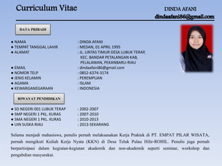 Curriculum Vitae DINDA AFANI
DATA PRIBADI
● NAMA : DINDA AFANI
● TEMPAT TANGGAL LAHIR : MEDAN, 01 APRIL 1995
● ALAMAT : JL. LINTAS TIMUR DESA LUBUK TERAP,
KEC. BANDAR PETALANGAN KAB,
PELALAWAN, PEKANBARU-RIAU
● EMAIL : dindaafani86@gmail.com
● NOMOR TELP : 0852-6374-3174
● JENIS KELAMIN : PEREMPUAN
● AGAMA : ISLAM
● KEWARGANEGARAAN : INDONESIA
● SD NEGERI 001 LUBUK TERAP : 2002-2007
● SMP NEGERI 1 PKL. KURAS : 2007-2010
● SMA NEGERI 1 PKL. KURAS : 2010-2013
● UIN SUSKA RIAU : 2013-SEKARANG
Selama menjadi mahasiswa, penulis pernah melaksanakan Kerja Praktek di PT. EMPAT PILAR WISATA,
pernah mengikuti Kuliah Kerja Nyata (KKN) di Desa Teluk Pulau Hilir-ROHIL. Penulis juga pernah
berpartisipasi dalam kegiatan-kegiatan akademik dan non-akademik seperti seminar, workshop dan
pengabdian masyarakat.
RIWAYAT PENDIDIKAN
 