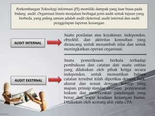 Suatu penilaian atas keyakinan, independen,
obyektif, dan aktivitas konsultasi yang
dirancang untuk menambah nilai dan untuk
meningkatkan operasi organisasi.
Suatu pemeriksaan berkala terhadap
pembukuan dan catatan dati suatu entitas
yang dilakukan oleh pihak ketiga secara
independen, untuk memastikan bahwa
catatan tersebut telah diperiksa dengan baik,
akurat dan sesuai dengan konsep yang
mapan, prinsip standar akutansi, persyaratan
hukum dan memberikan pandangan yang
benar dan wajar keadaan keuangan badan.
Dilakukan oleh seorang ahli yaitu CPA.
AUDIT INTERNAL
AUDIT EKSTRNAL
Perkembangan Teknologi informasi (IT) memiliki dampak yang luar biasa pada
bidang audit. Organisasi bisnis menjalani berbagai jenis audit untuk tujuan yang
berbeda, yang paling umum adalah audit eksternal, audit internal dan audit
penggelapan laporan keuangan.
 