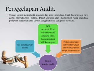 Penggelapan Audit.
• Tujuan untuk menyelidiki anomali dan mengumpulkan bukti kecurangan yang
dapat menyebabkan pidana. Dapat dimulai oleh manajemen yang menduga
penipuan karyawan atau direksi yang menduga penipuan eksekutif.
Peran
komite audit
Sub-komite dewan
direksi.
SOX
membutuhkan
setidaknya satu
anggota yang
harus menjadi
"ahli keuangan". Berfungsi sebagai
independen "check
and balance" untuk
fungsi internal audit.
 