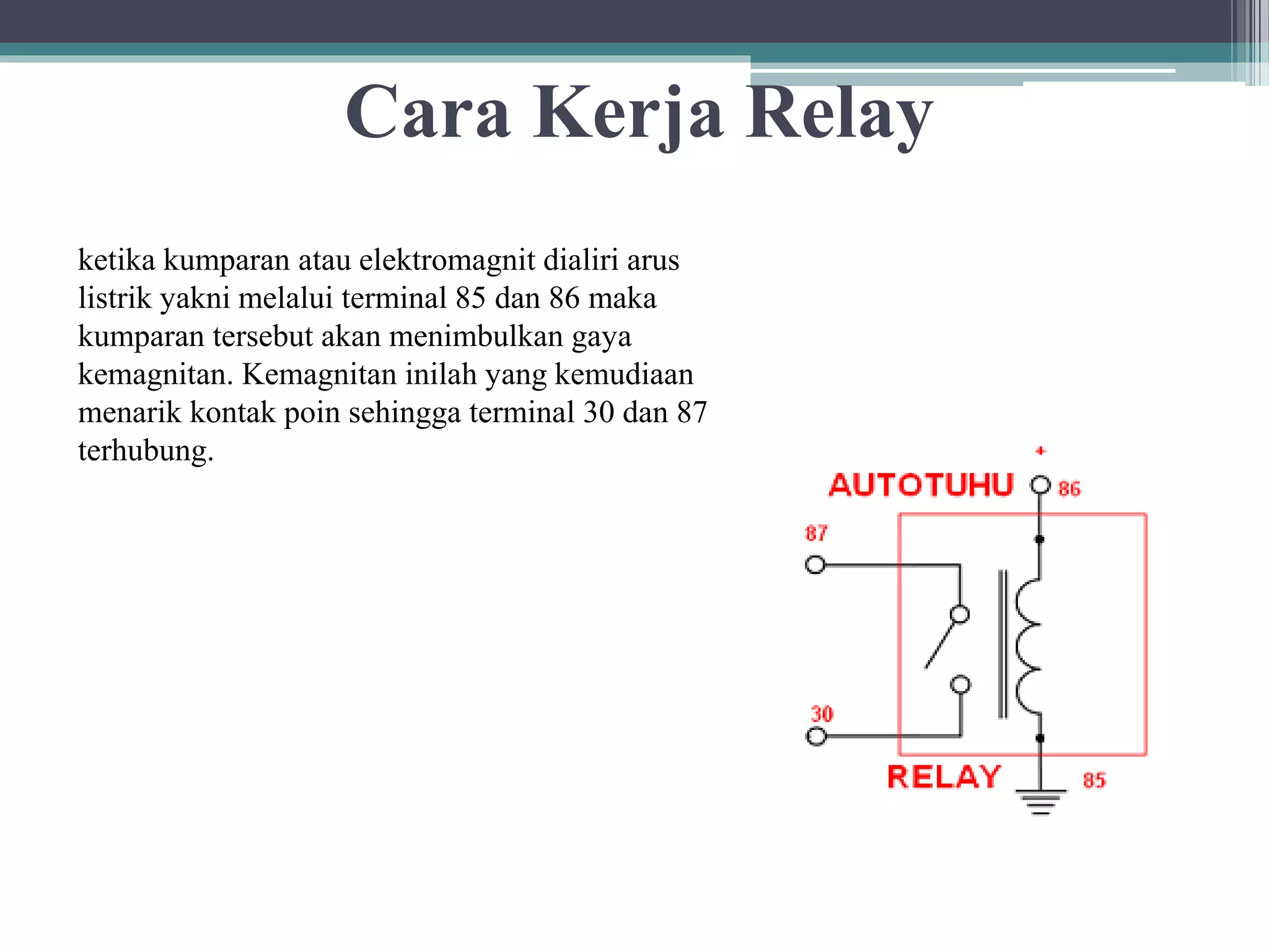 Cara Kerja Relay ketika kumparan atau elektromagnit dialiri arus listrik yakni melalui terminal 85 dan 86 maka kumparan tersebut akan menimbulkan gaya kemagnitan. Kemagnitan inilah yang kemudiaan menarik kontak poin sehingga terminal 30 dan 87 terhubung. 