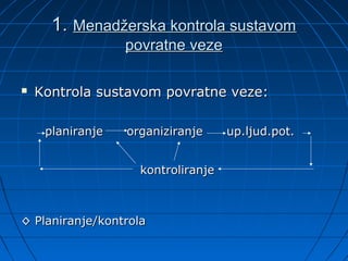 1. Menadžerska kontrola sustavom
                  povratne veze

   Kontrola sustavom povratne veze:

     planiranje   organiziranje     up.ljud.pot.


                    kontroliranje



◊ Planiranje/kontrola
 
