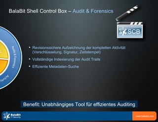 BalaBit Shell Control Box – Audit & Forensics




        
            Revisionssichere Aufzeichnung der kompletten Aktivität
            (Verschlüsselung, Signatur, Zeitstempel)
        
            Vollständige Indexierung der Audit Trails
        
            Effiziente Metadaten-Suche




      Benefit: Unabhängiges Tool für effizientes Auditing

                                                                     www.balabit.com
 