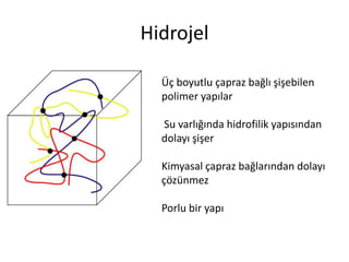 Hidrojel
Üç boyutlu çapraz bağlı şişebilen
polimer yapılar
Su varlığında hidrofilik yapısından
dolayı şişer
Kimyasal çapraz bağlarından dolayı
çözünmez
Porlu bir yapı
 
