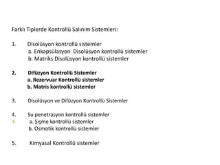 Farklı Tiplerde Kontrollü Salınım Sistemleri:
1. Disolüsyon kontrollü sistemler
a. Enkapsülasyon Disolüsyon kontrollü sistemler
b. Matriks Disolüsyon kontrollü sistemler
2. Difüzyon Kontrollü Sistemler
a. Rezervuar Kontrollü sistemler
b. Matris kontrollü sistemler
3. Disolüsyon ve Difüzyon Kontrollü Sistemler
4. Su penetrasyon kontrollü sistemler
4. a. Şişme kontrollü sistemler
b. Osmotik kontrollü sistemler
5. Kimyasal Kontrollü sistemler
 