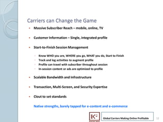 Carriers can Change the Game
     ?   Massive Subscriber Reach C mobile, online, TV

     ?   Customer Information C Single, integrated profile

     ?   Start-to-Finish Session Management

         ?   Know WHO you are, WHERE you go, WHAT you do, Start to Finish
         ?   Track and log activities to augment profile
         ?   Profile can travel with subscriber throughout session
         ?   In-session content or ads are optimized to profile

     ?   Scalable Bandwidth and Infrastructure

     ?   Transaction, Multi-Screen, and Security Expertise

     ?   Clout to set standards

         Native strengths, barely tapped for e-content and e-commerce


                                                          Global Carriers Making Online Profitable   12
12
 