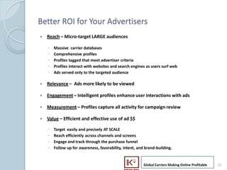 Better ROI for Your Advertisers
     ?   Reach C Micro-target LARGE audiences

         ?   Massive carrier databases
         ?   Comprehensive profiles
         ?   Profiles tagged that meet advertiser criteria
         ?   Profiles interact with websites and search engines as users surf web
         ?   Ads served only to the targeted audience

     ?   Relevance C Ads more likely to be viewed

     ?   Engagement C Intelligent profiles enhance user interactions with ads

     ?   Measurement C Profiles capture all activity for campaign review

     ?   Value C Efficient and effective use of ad $$

         ?   Target easily and precisely AT SCALE
         ?   Reach efficiently across channels and screens
         ?   Engage and track through the purchase funnel
         ?   Follow up for awareness, favorability, intent, and brand-building.


                                                               Global Carriers Making Online Profitable   15
15
 