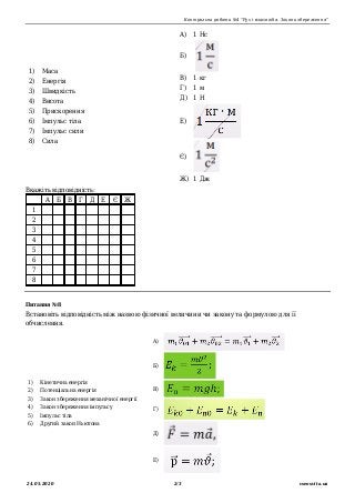 Контрольна робота №4 "Рух і взаємодія. Закони збереження"
24.05.2020 2/3 vseosvita.ua
1) Маса
2) Енергія
3) Швидкість
4) В...