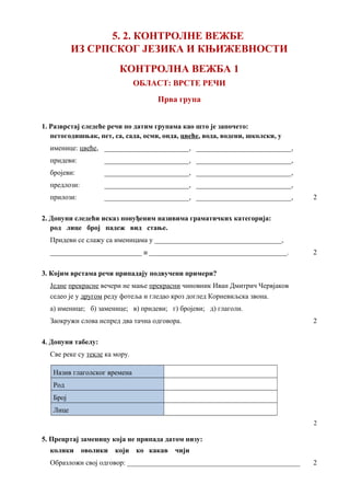 5. 2. КОНТРОЛНЕ ВЕЖБЕ
ИЗ СРПСКОГ ЈЕЗИКА И КЊИЖЕВНОСТИ
КОНТРОЛНА ВЕЖБА 1
ОБЛАСТ: ВРСТЕ РЕЧИ
Прва група
1. Разврстај следеће речи по датим групама као што је започето:
петогодишњак, пет, са, сада, осми, онда, цвеће, вода, водени, школски, у
именице: цвеће, ________________________, ___________________________,
придеви: ________________________, ___________________________,
бројеви: ________________________, ___________________________,
предлози: ________________________, ___________________________,
прилози: ________________________, ___________________________, 2
2. Допуни следећи исказ понуђеним називима граматичких категорија:
род лице број падеж вид стање.
Придеви се слажу са именицама у ____________________________________,
__________________________ и _______________________________________. 2
3. Којим врстама речи припадају подвучени примери?
Једне прекрасне вечери не мање прекрасни чиновник Иван Дмитрич Червјаков
седео је у другом реду фотеља и гледао кроз доглед Корневиљска звона.
а) именице; б) заменице; в) придеви; г) бројеви; д) глаголи.
Заокружи слова испред два тачна одговора. 2
4. Допуни табелу:
Све реке су текле ка мору.
Назив глаголског времена
Род
Број
Лице
2
5. Прецртај заменицу која не припада датом низу:
колики оволики који ко какав чији
Образложи свој одговор: _________________________________________________ 2
 