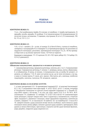 РЕШЕЊА
КОНТРОЛНЕ ВЕЖБЕ
КОНТРОЛНА ВЕЖБА (1):
1) уч-; 2)а) комбинована творба; б) слагање; в) извођење; г) творба претварањем; 3)
вршидба, косиба, веридба; 4) зазубице; 5) а) поименичавање; б) попридевљавање; 6)
енглеског језика, англицизми; 7) одважан, неустрашив; 8) а) и г); 9) хомонимије; 10)
б); 11) а); 12) 1, 2, 2.
КОНТРОЛНА ВЕЖБА (2):
1) б, г 2) а) – заповест, б) – услов, в) намера 3) а) бити б) бити, ступити в) очишћена,
затворена г) застрашујући 4) се покварио 5) а) приповедачки футур I б) релативно в)
модално 6) потенцијал, релативно, приповедачки потенцијал 7) а, б, г 8) На пример:
а) Одустали су од ионако пропалог плана. б) Учити је корисно.
Бодовање и оцењивање: 11–12 одличан (5); 8,5–10,5 врло добар (4); 7–8 добар (3);
4,5–6,5 довољан(2).
КОНТРОЛНА ВЕЖБА (3)
(Обнављање комуникативне, предикатске и независне реченице):
1. комуникативна реченица, предикатска реченица, синтагма, реч; 2. в); 3. 2 комуникативне
реченице, 5 предикатских реченица; 4. личном; 5. заповедна, жељна, упитна, обавештајна;
6. а) обавештење, б) жеља, в) питање, г) емоционални став, д) молба, ђ) заповест, е)
дозвола, ж) забрана; 7. б); 8. који га је делио од ње, да не лупи песницом у тај зид,
о којој се толико прича; 9. мило, реч, прилог; (без) речи, реч, именица; необично
поцупкујући, синтагма, глаголска; 10. независне, зависне.
КОНТРОЛНА ВЕЖБА (4) ИЗ ЈЕЗИЧКЕ КУЛТУРЕ:
1. а) опис (дескрипција) 0,5 б) приповедање (нарација) 0,5 в) излагање (експозиција)
0,5 2. б) 3. унутрашњост неке просторије 4. а) 0,5 б) 0,5 д) 0,5 5. пејзаж, ентеријер
6. Републичко такмичење из српског језика одржаће (одржава) се у Тршићу 22.
маја 2010. године, у 10 часова. 7. ко, шта, где, када, зашто 8. б) 9. в) 10. М.П., М.П.
(латиницом) 11. службеном 12. интервју 13. а) 0,5 г) 0,5 и ђ) 0,5 14. комплементаран
(који допуњује), портрет (веран опис лика и карактера у књижевности), етеричан
(фин, ваздушаст), дежмекаст (пуначак), миље (друштвено окружење), комплексан
(сложен, замршен) 15. а) спасилац 0,5 б) љубитељ 0,5 в) спаваћица 0,5 г) носач 0,5
16. завирити некоме у душу (упознати нечије мисли и осећања), знати (некога) у душу
(познавати некога веома добро), (некоме) удахнути душу (оживети, препородити), бити
душом уз некога (бити веран, присталица), (отрчати) као без душе (великом брзином,
једва дишући), повратити душу (окрепити се).
446
 