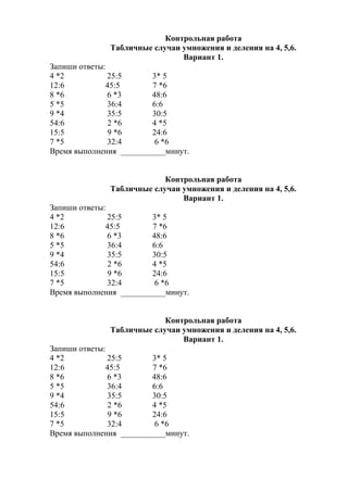 Контрольная работа
Табличные случаи умножения и деления на 4, 5,6.
Вариант 1.
Запиши ответы:
4 *2 25:5 3* 5
12:6 45:5 7 *6
8 *6 6 *3 48:6
5 *5 36:4 6:6
9 *4 35:5 30:5
54:6 2 *6 4 *5
15:5 9 *6 24:6
7 *5 32:4 6 *6
Время выполнения ___________минут.
Контрольная работа
Табличные случаи умножения и деления на 4, 5,6.
Вариант 1.
Запиши ответы:
4 *2 25:5 3* 5
12:6 45:5 7 *6
8 *6 6 *3 48:6
5 *5 36:4 6:6
9 *4 35:5 30:5
54:6 2 *6 4 *5
15:5 9 *6 24:6
7 *5 32:4 6 *6
Время выполнения ___________минут.
Контрольная работа
Табличные случаи умножения и деления на 4, 5,6.
Вариант 1.
Запиши ответы:
4 *2 25:5 3* 5
12:6 45:5 7 *6
8 *6 6 *3 48:6
5 *5 36:4 6:6
9 *4 35:5 30:5
54:6 2 *6 4 *5
15:5 9 *6 24:6
7 *5 32:4 6 *6
Время выполнения ___________минут.
 