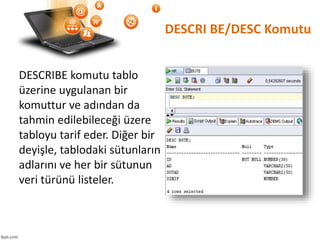 DESCRI BE/DESC Komutu
DESCRIBE komutu tablo
üzerine uygulanan bir
komuttur ve adından da
tahmin edilebileceği üzere
tabloyu tarif eder. Diğer bir
deyişle, tablodaki sütunların
adlarını ve her bir sütunun
veri türünü listeler.
 