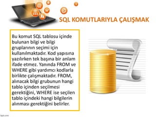 SQL KOMUTLARIYLA ÇALIŞMAK
Bu komut SQL tablosu içinde
bulunan bilgi ve bilgi
gruplarının seçimi için
kullanılmaktadır. Kod yapısına
yazılırken tek başına bir anlam
ifade etmez. Yanında FROM ve
WHERE gibi yardımcı kodlarla
birlikte çalışmaktadır. FROM,
alınacak bilgi grubunun hangi
tablo içinden seçilmesi
gerektiğini, WHERE ise seçilen
tablo içindeki hangi bilgilerin
alınması gerektiğini belirler.
 