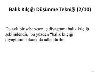 Balık Kılçığı Düşünme Tekniği (2/10)
Detaylı bir sebep-sonuç diyagramı balık kılçığı
şeklindendir, bu yüzden “balık kılçığı
diyagramı” olarak da adlandırılır.
107
 