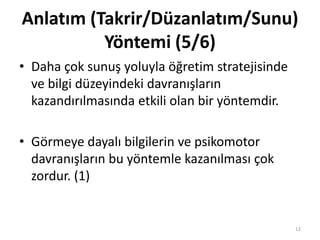 • Daha çok sunuş yoluyla öğretim stratejisinde
ve bilgi düzeyindeki davranışların
kazandırılmasında etkili olan bir yöntemdir.
• Görmeye dayalı bilgilerin ve psikomotor
davranışların bu yöntemle kazanılması çok
zordur. (1)
Anlatım (Takrir/Düzanlatım/Sunu)
Yöntemi (5/6)
12
 