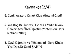6. Cenkhoca.org Örnek Olay Yöntemi-2 pdf
7. Yrd.Doç.Dr. Tuncay SEVİNDİK Yıldız Teknik
Üniversitesi Özel Öğretim Yöntemleri Ders
Notları (2010)
8. Özel Öğretim ve Yöntemleri Ders Kitabı-
Yrd.Doc.Dr Sami ŞAHİN
162
Kaynakça(2/4)
 