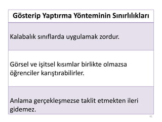 Gösterip Yaptırma Yönteminin Sınırlılıkları
Kalabalık sınıflarda uygulamak zordur.
Görsel ve işitsel kısımlar birlikte olmazsa
öğrenciler karıştırabilirler.
Anlama gerçekleşmezse taklit etmekten ileri
gidemez.
41
 