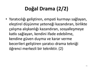 • Yaratıcılığı geliştiren, empati kurmayı sağlayan,
eleştirel düşünme yeteneği kazandıran, birlikte
çalışma alışkanlığı kazandıran, sosyalleşmeye
katkı sağlayan, kendini ifade edebilme,
kendine güven duyma ve karar verme
becerileri geliştiren yaratıcı drama tekniği
öğrenci merkezli bir tekniktir. (2)
Doğal Drama (2/2)
46
 
