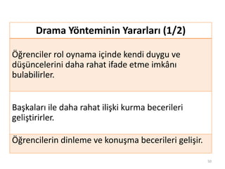Drama Yönteminin Yararları (1/2)
Öğrenciler rol oynama içinde kendi duygu ve
düşüncelerini daha rahat ifade etme imkânı
bulabilirler.
Başkaları ile daha rahat ilişki kurma becerileri
geliştirirler.
Öğrencilerin dinleme ve konuşma becerileri gelişir.
50
 