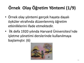 Örnek Olay Öğretim Yöntemi (1/9)
• Örnek olay yöntemi gerçek hayata dayalı
öyküler etrafında düzenlenmiş öğretim
etkinliklerini ifade etmektedir.
• İlk defa 1920 yılında Harvard Üniversitesi’nde
işletme yönetimi derslerinde kullanılmaya
başlamıştır. (6)
54
 