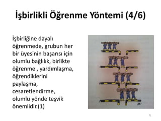İşbirlikli Öğrenme Yöntemi (4/6)
71
İşbirliğine dayalı
öğrenmede, grubun her
bir üyesinin başarısı için
olumlu bağlılık, birlikte
öğrenme , yardımlaşma,
öğrendiklerini
paylaşma,
cesaretlendirme,
olumlu yönde teşvik
önemlidir.(1)
 