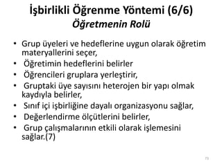 İşbirlikli Öğrenme Yöntemi (6/6)
Öğretmenin Rolü
• Grup üyeleri ve hedeflerine uygun olarak öğretim
materyallerini seçer,
• Öğretimin hedeflerini belirler
• Öğrencileri gruplara yerleştirir,
• Gruptaki üye sayısını heterojen bir yapı olmak
kaydıyla belirler,
• Sınıf içi işbirliğine dayalı organizasyonu sağlar,
• Değerlendirme ölçütlerini belirler,
• Grup çalışmalarının etkili olarak işlemesini
sağlar.(7)
73
 