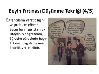 Öğrencilerin yaratıcılığını
ve problem çözme
becerilerini geliştirmek
isteyen bir öğretmen,
öğretim sürecinde beyin
fırtınası uygulamasına
öncelik verilmelidir.
82
Beyin Fırtınası Düşünme Tekniği (4/5)
 