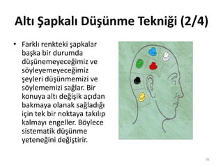 Altı Şapkalı Düşünme Tekniği (2/4)
• Farklı renkteki şapkalar
başka bir durumda
düşünemeyeceğimiz ve
söyleyemeyeceğimiz
şeyleri düşünmemizi ve
söylememizi sağlar. Bir
konuya altı değişik açıdan
bakmaya olanak sağladığı
için tek bir noktaya takılıp
kalmayı engeller. Böylece
sistematik düşünme
yeteneğini değiştirir.
91
 