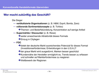 - 14 -
Konventionelle Handelsformate überwinden
{Kunde}
{Projektbezeichnung}
© Michael Danisch 2010
Wer macht zukünftig das Geschäft?
Die Sieger
— vertikalisierte Organisationen (z. B. H&M, Esprit, Bonita, Zara)
— rollierende Sortimentskonzepte (z. B. Tchibo)
Themen- und Bedarfsbündelung, Konzentration auf wenige Artikel
— Supermärkte / Discounter (z. B. Rewe)
weiter anwachsende Attraktivität dieses Formats
Einzug in Citylagen
— FOC
bietet der deutsche Markt ausreichendes Potenzial für dieses Format
(Investitionserfordernisse; Entwicklungen in den U.S.A.)?
der graue Markt wird ausgedünnt, Marken besser geschützt
Kundennähe der Hersteller ermöglicht es, Trends besser zu erfassen
und schneller auf Markterfordernisse zu reagieren
Wettbewerb der Regionen
 