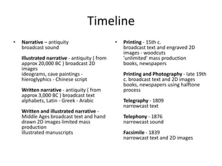 Timeline
•   Narrative – antiquity                      •   Printing - 15th c.
    broadcast sound                                broadcast text and engraved 2D
                                                   images - woodcuts
    Illustrated narrative - antiquity ( from       'unlimited' mass production
    approx 20,000 BC ) broadcast 2D                books, newspapers
    images
    ideograms, cave paintings -                    Printing and Photography - late 19th
    hieroglyphics - Chinese script                 c. broadcast text and 2D images
                                                   books, newspapers using halftone
    Written narrative - antiquity ( from           process
    approx 3,000 BC ) broadcast text
    alphabets, Latin - Greek - Arabic              Telegraphy - 1809
                                                   narrowcast text
    Written and illustrated narrative -
    Middle Ages broadcast text and hand            Telephony - 1876
    drawn 2D images limited mass                   narrowcast sound
    production
    illustrated manuscripts                        Facsimile - 1839
                                                   narrowcast text and 2D images
 