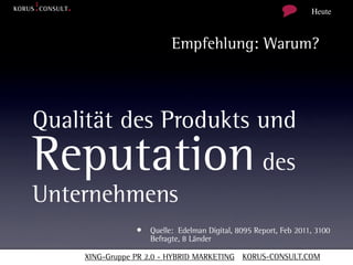 Heute



                         Empfehlung: Warum?



Qualität des Produkts und
Reputation des
Unternehmens
                • Quelle: Edelman Digital, 8095 Report, Feb 2011, 3100
                   Befragte, 8 Länder

    XING-Gruppe PR 2.0 - HYBRID MARKETING KORUS-CONSULT.COM
 