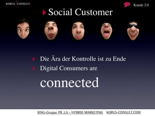 Kunde 2.0

   ‣ Social Customer


‣ Die Ära der Kontrolle ist zu Ende
‣ Digital Consumers are

   connected
 XING-Gruppe PR 2.0 - HYBRID MARKETING KORUS-CONSULT.COM
 