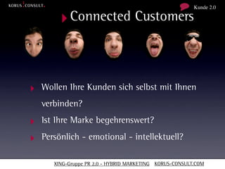 Kunde 2.0

        ‣ Connected Customers


‣ Wollen Ihre Kunden sich selbst mit Ihnen
   verbinden?

‣ Ist Ihre Marke begehrenswert?
‣ Persönlich - emotional - intellektuell?

      XING-Gruppe PR 2.0 - HYBRID MARKETING KORUS-CONSULT.COM
 