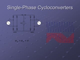 Single-Phase Cycloconverters
         is
                                io
                                                 is
     +

vs                       Load    vo                   vs




              positive                negative




                 α p +αn = π
 