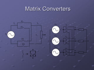 Matrix Converters
              S1
         is             io              euo       S1
              S2                                  S2   u
                                              u
     +
                                                  S3

es                     vo    Load
                                        evo       S4
              S3                              v   S5   v
                                    0                      n
                                                  S6
               S4
                                        ewo
                                                  S7
                                              w   S8   w
                                                  S9
 