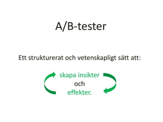 A/B-tester
Ett strukturerat och vetenskapligt sätt att:
skapa insikter
och
effekter.
 
