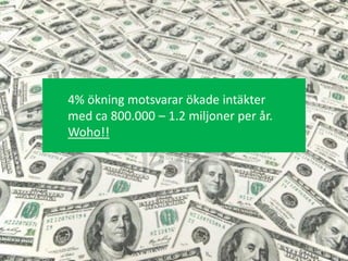 4% ökning motsvarar ökade intäkter
med ca 800.000 – 1.2 miljoner per år.
Woho!!
 