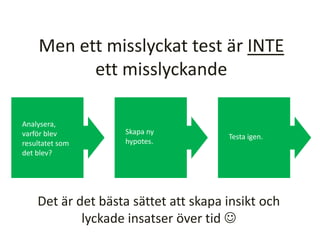 Men ett misslyckat test är INTE
ett misslyckande
Analysera,
varför blev
resultatet som
det blev?
Skapa ny
hypotes.
Testa igen.
Det är det bästa sättet att skapa insikt och
lyckade insatser över tid 
 