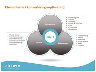 Elementerne i konverteringsoptimering


                                                            •    Forrretningsmål
                                                            •    Platform
                                                            •    Marketing
                                                            •    Marked og branche
                                        Forretning
                                                            •    Brand
                                                            •    Konkurrenter
                                                            •    Interessenter


 •   Visuelt design                                                       •   Segmentering
 •
 •
     Informationsdesign
     Interaktionsdesign
                                         CRO                              •   Adfærd
                                                                          •   Personans
 •   Informationsarkitektur                                               •   Brugersenarier
 •   Navigationsdesign        Indhold                                     •
                                                     Målgruppe                Behov
 •   Web copy                                                             •   Opgaver
 