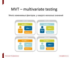 Евгений Трофименко raise@konvr.ru
MVT – multivariate testing
Много изменяемых факторов, у каждого несколько значений
 