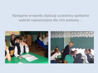 Następnie w wyniku dyskusji uczestnicy spotkania
wybrali najważniejsze dla nich postawy …
 