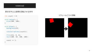 rotate(rad)
19
int count = 0;
void setup() {
size(500, 500);
}
void draw() {
background(0);
rotate(radians(count));
fill(255, 0, 0);
rect(100, 50, 100, 100);
count += 2;
}
1
 
