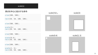 scale(s)
scale()
23
size(500, 500);
rect(50, 50, 100, 100);
scale( )
scale( . ) scale( , )
size(500, 500);
scale(3);
rect(50, 50, 100, 100);
size(500, 500);
scale(0.4);
rect(50, 50, 100, 100);
size(500, 500);
scale(2, 3);
rect(50, 50, 100, 100);
 
