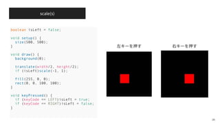 scale(s)
26
boolean isLeft = false;
void setup() {
size(500, 500);
}
void draw() {
background(0);
translate(width/2, height/2);
if (isLeft)scale(-1, 1);
fill(255, 0, 0);
rect(0, 0, 100, 100);
}
void keyPressed() {
if (keyCode == LEFT)isLeft = true;
if (keyCode == RIGHT)isLeft = false;
}
 